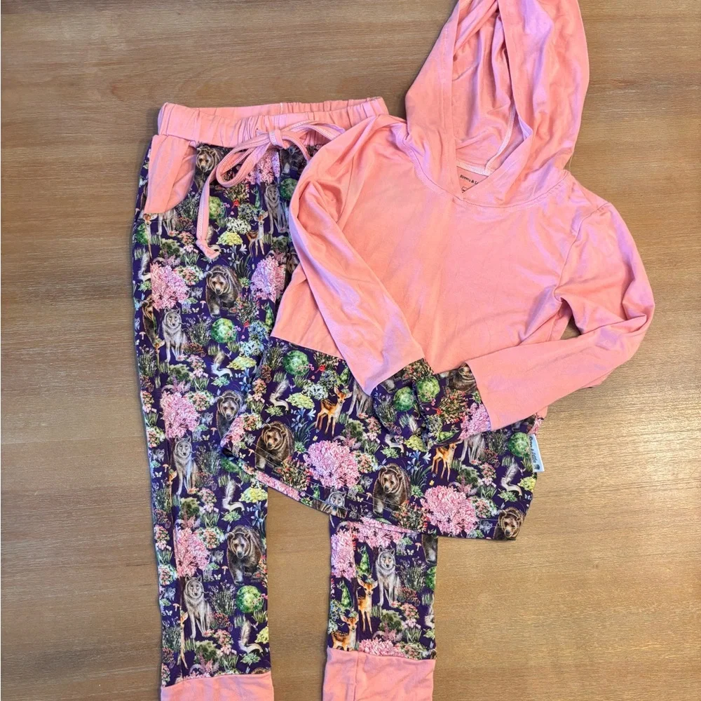 Rivera & Littles Bamboo Hooded Top + Drawstring Pants Pink & Forest Print, 4T